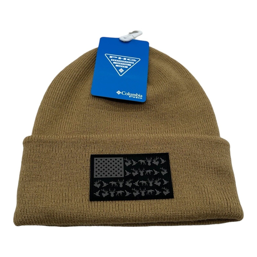 Columbia PHG‎ Beanie Beige Sahara Knit Cuffed Winter Hat Cap Flag Patch Outdoors